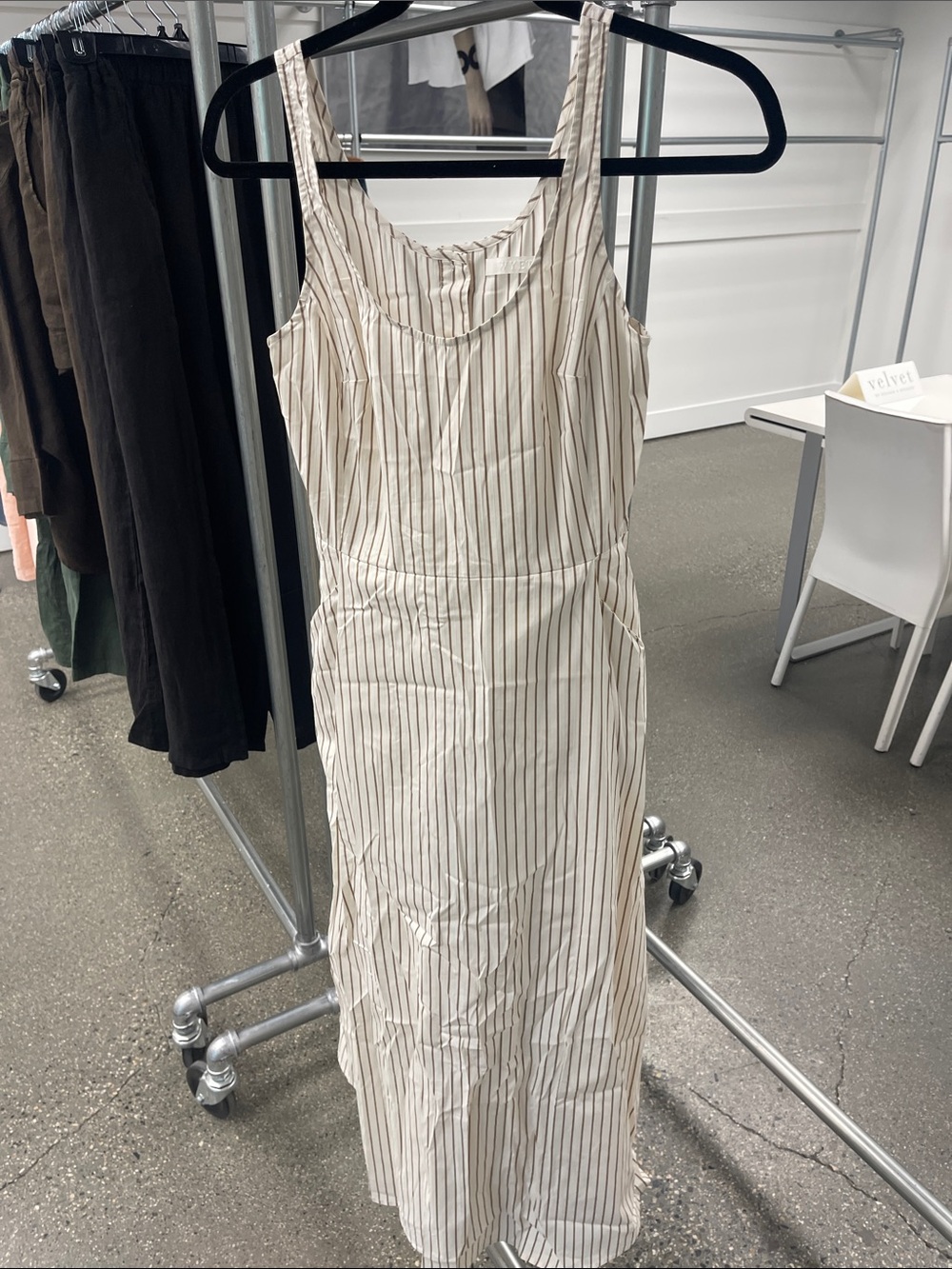 Sleeveless Cream Maxi Dress with Brown Vertical Stripes